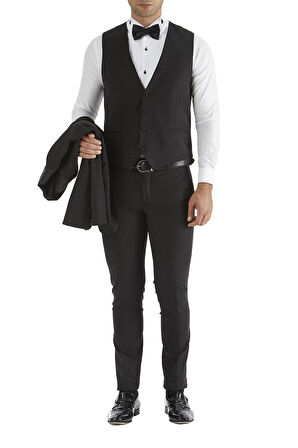 Black 034 Slim Fit Yelekli Çıkma Saten Yaka Siyah Damatlık Smokin Takım
