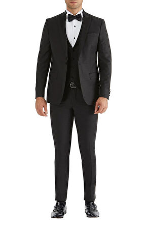 Black 034 Slim Fit Yelekli Çıkma Saten Yaka Siyah Damatlık Smokin Takım