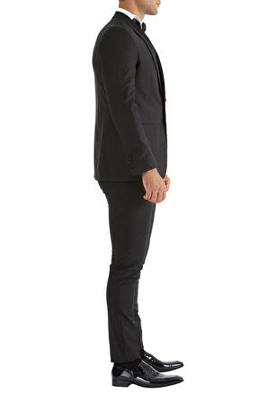 Black 034 Slim Fit Yelekli Çıkma Saten Yaka Siyah Damatlık Smokin Takım