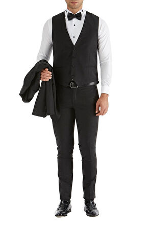 Black 034 Slim Fit Yelekli Çıkma Saten Yaka Siyah Damatlık Smokin Takım