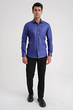 Gk 157 Slim Fit Pamuk Saten Uzun Kol Klasik Lacivert Gömlek 