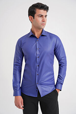 Gk 157 Slim Fit Pamuk Saten Uzun Kol Klasik Lacivert Gömlek 