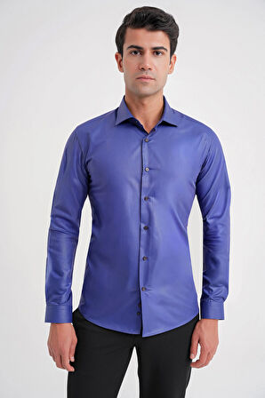 Gk 157 Slim Fit Pamuk Saten Uzun Kol Klasik Lacivert Gömlek 