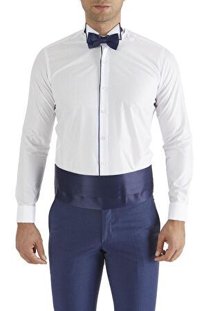 Gk 182 Slim Fit Duble Manşet Biyeli Beyaz Lacivert Damatlık Smokin Gömlek 