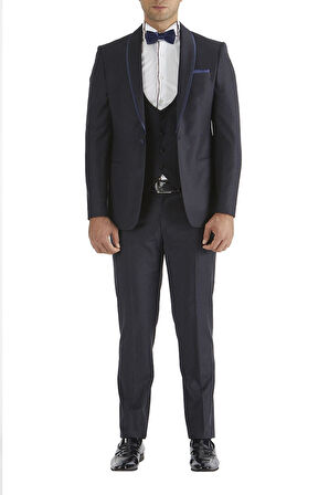Black 037 Slim Fit Çıkma Saten Yaka Lacivert Damatlık Smokin Takım