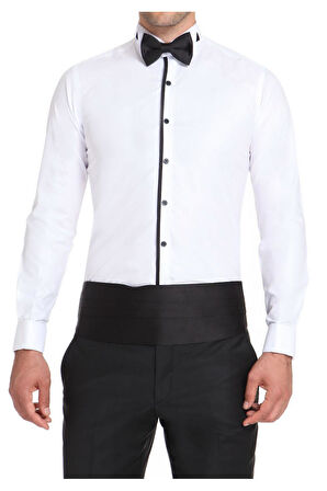 Gk 502 Slim Fit Duble Manşet Önü Biyeli Ata Yaka Beyaz Damatlık Smokin Gömlek 