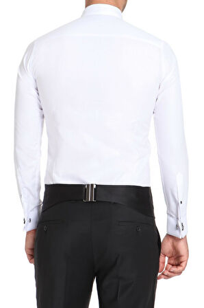 Gk 502 Slim Fit Duble Manşet Önü Biyeli Ata Yaka Beyaz Damatlık Smokin Gömlek 