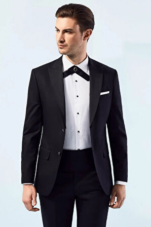 Black 049 Slim Fit Çıkarılabilir Saten Yaka Siyah Damatlık Smokin Takım