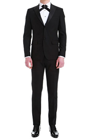 Black 049 Slim Fit Çıkarılabilir Saten Yaka Siyah Damatlık Smokin Takım