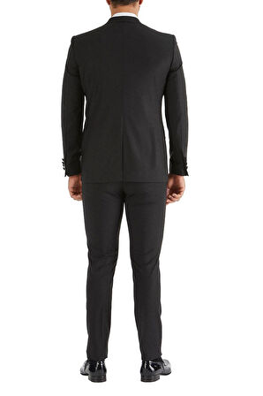 Black 034 Slim Fit Yelekli Çıkma Saten Yaka Siyah Damatlık Smokin Takım