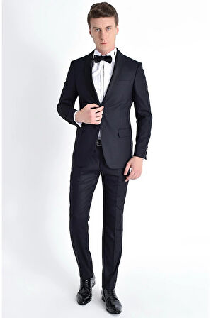 Black 052 Slim Fit Çıkarılabilir Saten Yaka Lacivert Damatlık Smokin Takım