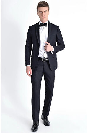 Black 052 Slim Fit Çıkarılabilir Saten Yaka Lacivert Damatlık Smokin Takım