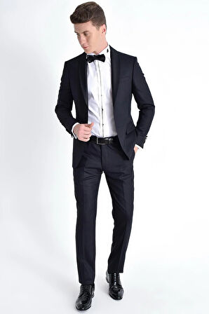 Black 052 Slim Fit Çıkarılabilir Saten Yaka Lacivert Damatlık Smokin Takım