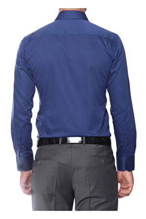 Gk 214 Slim Fit Klasik Yaka Pamuk Saten Uzun Kol Lacivert Gömlek 