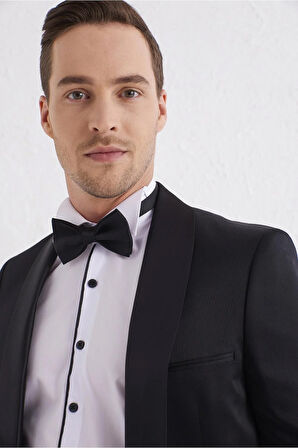 Black 056 Slim Fit Çıkarılabilir Saten Yaka Siyah Damatlık Smokin Takım