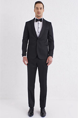 Black 056 Slim Fit Çıkarılabilir Saten Yaka Siyah Damatlık Smokin Takım