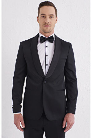 Black 056 Slim Fit Çıkarılabilir Saten Yaka Siyah Damatlık Smokin Takım