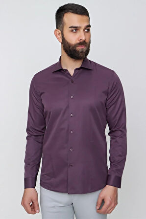 Gk 604 Slim Fit Pamuk Saten Klasik Mor Gömlek 