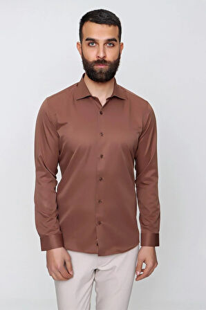 Gk 604 Slim Fit Pamuk Saten Klasik Açık Kahve Gömlek 