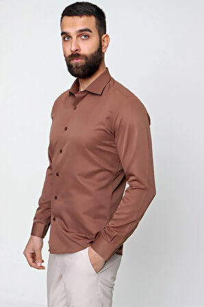 Gk 604 Slim Fit Pamuk Saten Klasik Açık Kahve Gömlek 