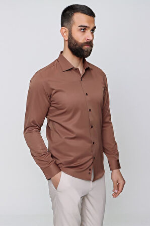 Gk 604 Slim Fit Pamuk Saten Klasik Açık Kahve Gömlek 