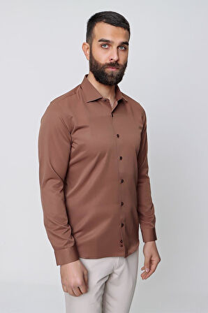 Gk 604 Slim Fit Pamuk Saten Klasik Açık Kahve Gömlek 