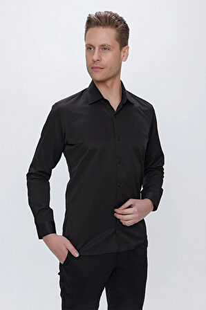 Gk 624 Slim Fit Pamuk Saten Klasik Siyah Gömlek 