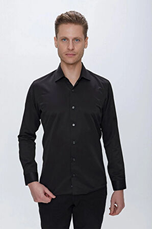 Gk 624 Slim Fit Pamuk Saten Klasik Siyah Gömlek 
