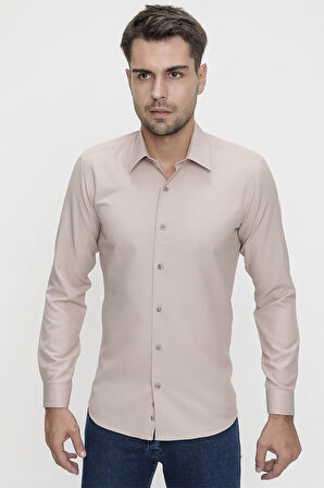 Gk 624 Slim Fit Pamuk Saten Klasik Bej Gömlek 