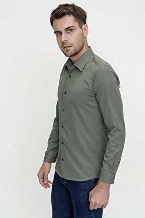 Gk 624 Slim Fit Pamuk Saten Klasik Haki Gömlek 