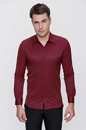 Gk 624 Slim Fit Pamuk Saten Klasik Bordo Gömlek 