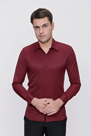 Gk 624 Slim Fit Pamuk Saten Klasik Bordo Gömlek 