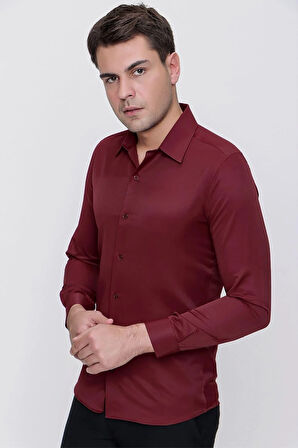 Gk 624 Slim Fit Pamuk Saten Klasik Bordo Gömlek 