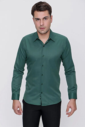 Gk 624 Slim Fit Pamuk Saten Klasik Yeşil Gömlek 