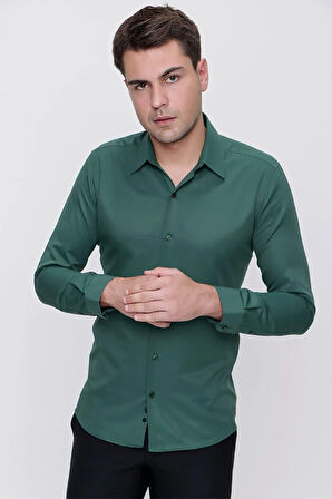 Gk 624 Slim Fit Pamuk Saten Klasik Yeşil Gömlek 