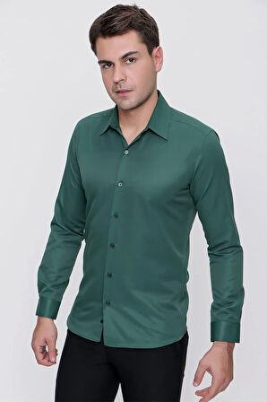 Gk 624 Slim Fit Pamuk Saten Klasik Yeşil Gömlek 