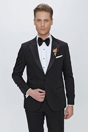 Black 061 Slim Fit Çıkma Saten Yaka Siyah Damatlık Smokin Takım