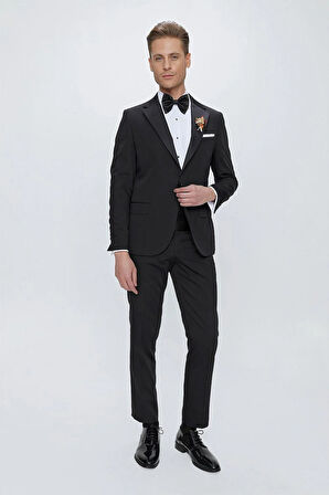 Black 061 Slim Fit Çıkma Saten Yaka Siyah Damatlık Smokin Takım