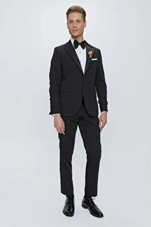Black 061 Slim Fit Çıkma Saten Yaka Siyah Damatlık Smokin Takım