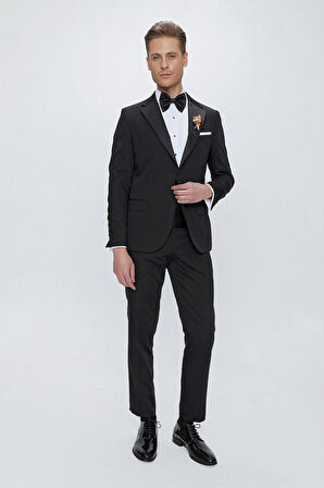 Black 061 Slim Fit Çıkma Saten Yaka Siyah Damatlık Smokin Takım