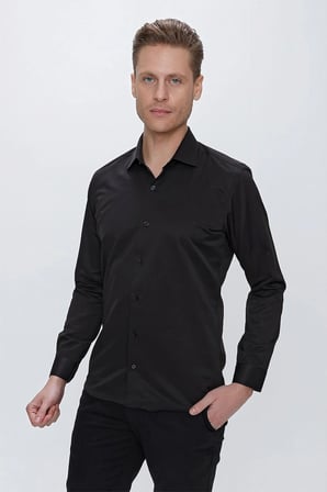 Gk 624 Slim Fit Pamuk Saten Klasik Siyah Gömlek 