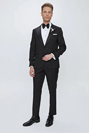 Black 062 Slim Fit Çıkma Saten Yaka Siyah Damatlık Smokin Takım