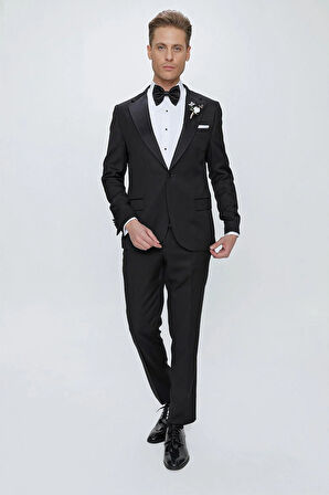 Black 062 Slim Fit Çıkma Saten Yaka Siyah Damatlık Smokin Takım
