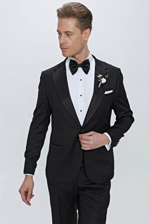 Black 062 Slim Fit Çıkma Saten Yaka Siyah Damatlık Smokin Takım