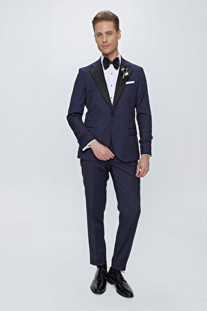Black 062 Slim Fit Çıkma Saten Yaka Lacivert Damatlık Smokin Takım