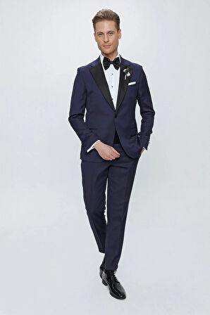 Black 062 Slim Fit Çıkma Saten Yaka Lacivert Damatlık Smokin Takım