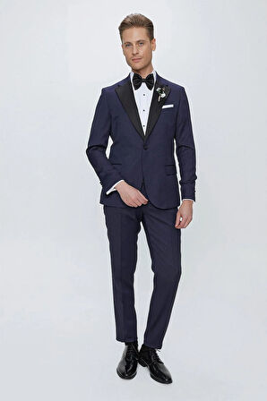 Black 062 Slim Fit Çıkma Saten Yaka Lacivert Damatlık Smokin Takım