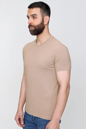 Ts 823 Slim Fit Bisiklet Yaka Düz Pamuklu Bej Tişört