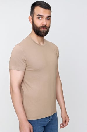Ts 823 Slim Fit Bisiklet Yaka Düz Pamuklu Bej Tişört
