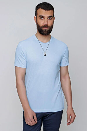 Ts 823 Slim Fit Bisiklet Yaka Düz Pamuklu Mavi Tişört